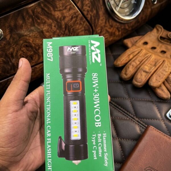 MZ M987 Multi-Functional Car Flashlight | 80W+30W COB LED | Rechargeable | Safety Hammer | Belt Cutter | Zoom Torch | Waterproof | Impact Resistant
